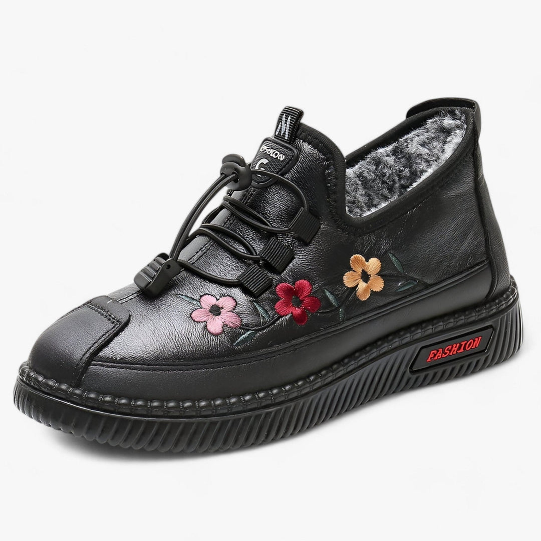 Levoire | Bottines En Fausse Fourrure Brodées De Fleurs Antidérapantes Chaleureuses Noir