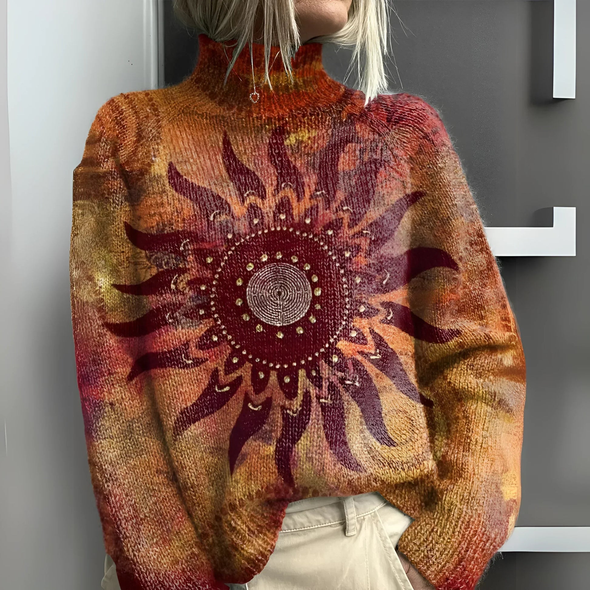 Levoire | Pull En Tricot Chaud Avec Col Montant Et Motif Solaire Tribal.