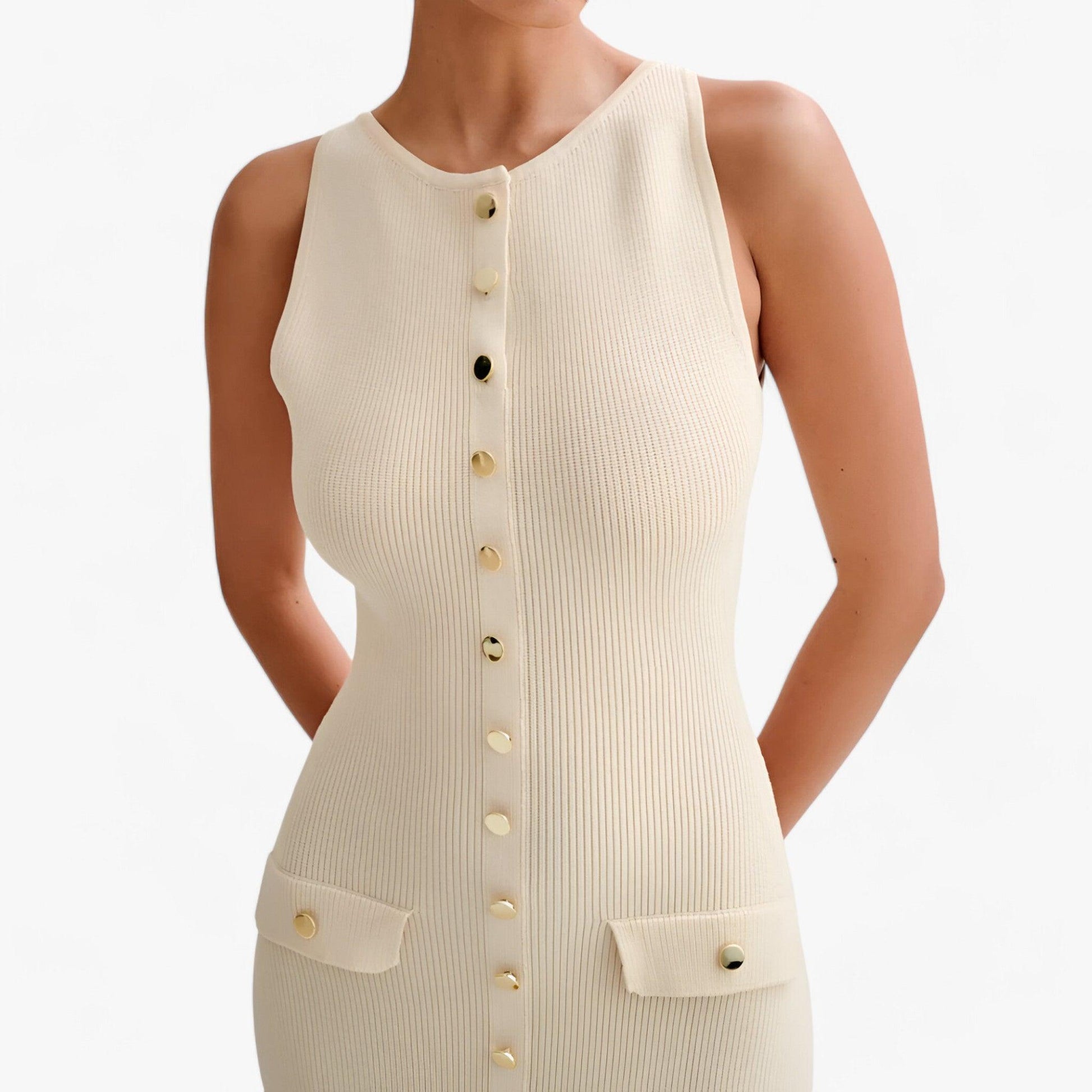 Levoire | Col Rond Chemise Sans Manches Robe Maxi Avec Bouton