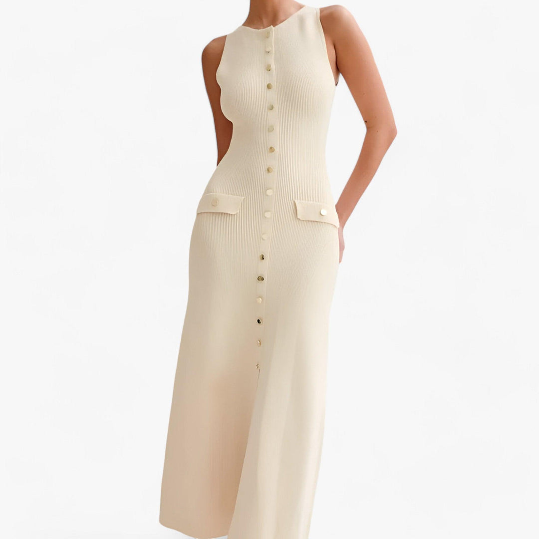 Levoire | Col Rond Chemise Sans Manches Robe Maxi Avec Bouton Beige