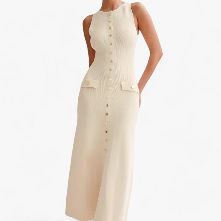 Levoire | Col Rond Chemise Sans Manches Robe Maxi Avec Bouton Beige
