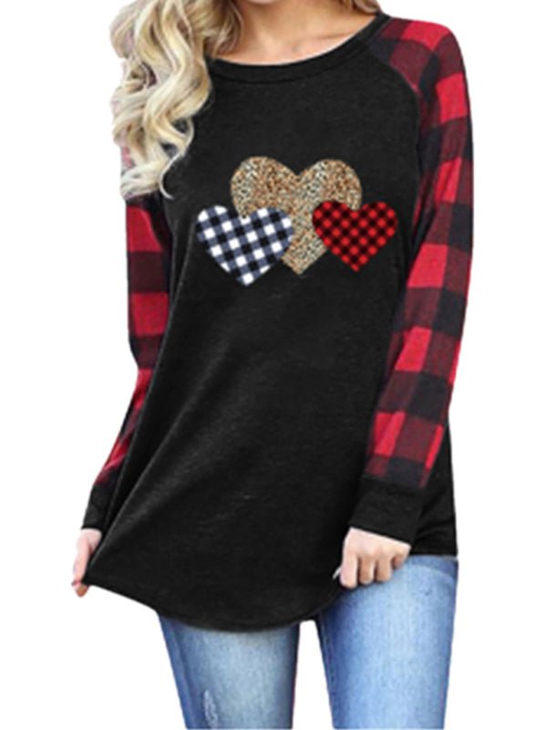 Levoire | Motif à carreaux Léopard Broderie Cœur Imprimé Col rond T-shirt à manches longues