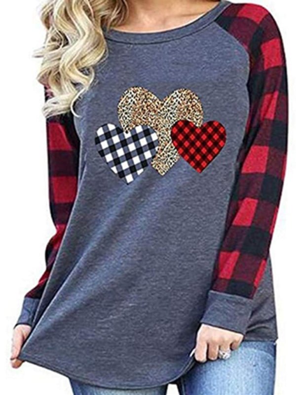 Levoire | Motif à carreaux Léopard Broderie Cœur Imprimé Col rond T-shirt à manches longues Gris