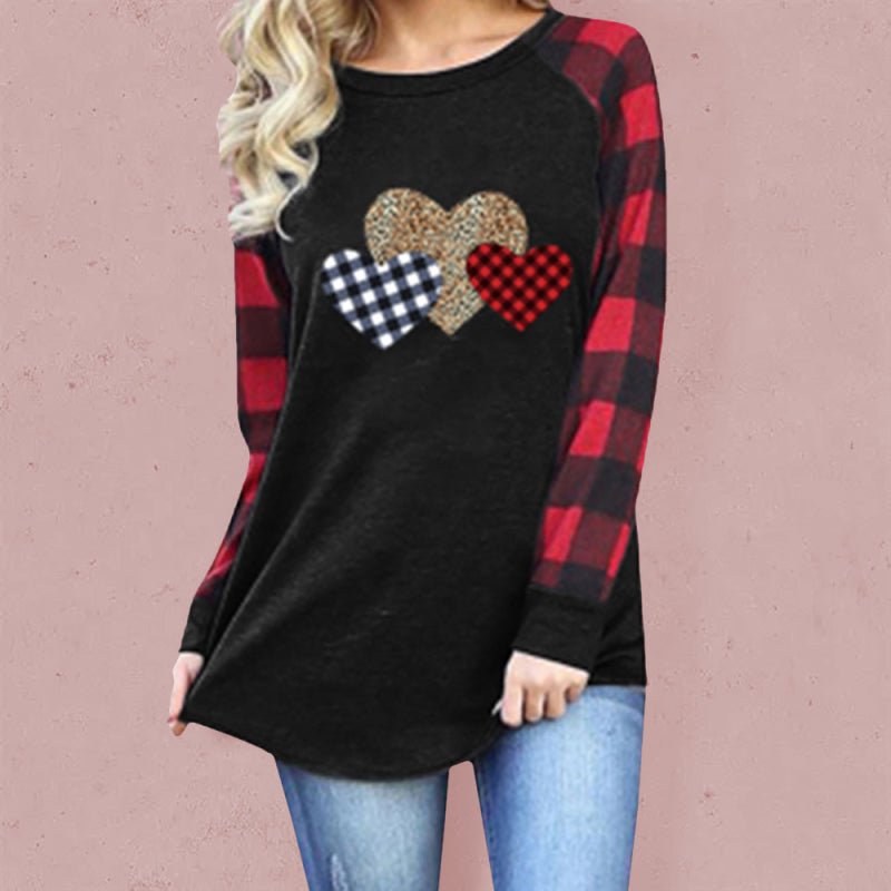 Levoire | Motif à carreaux Léopard Broderie Cœur Imprimé Col rond T-shirt à manches longues Noir