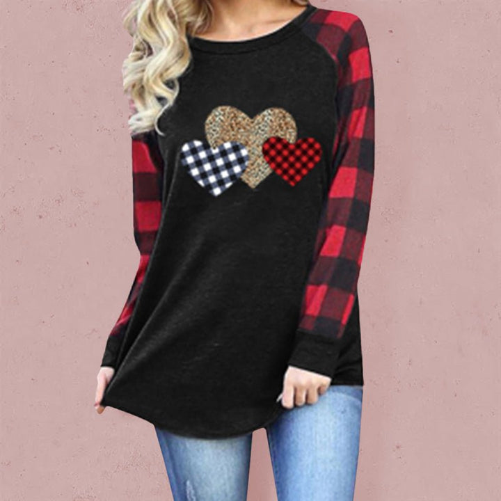 Levoire | Motif à carreaux Léopard Broderie Cœur Imprimé Col rond T-shirt à manches longues Noir