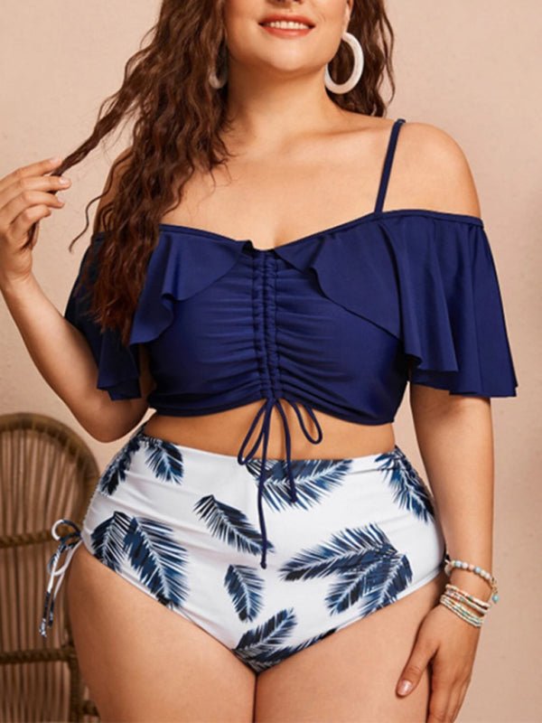Levoire | Grande Taille Dame-Bretelle Volant Maillot de Bain Une Épaule Taille Haute Ensemble Motif