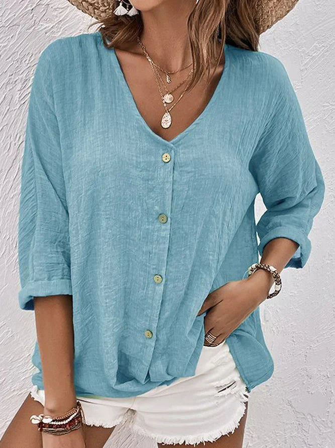 Levoire | Chemise En Lin Bleu À Décolleté En V Bleu