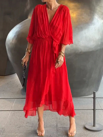 Levoire | Robe En Chiffon Avec Décolleté En V, Élégante Et Raffinée Rot