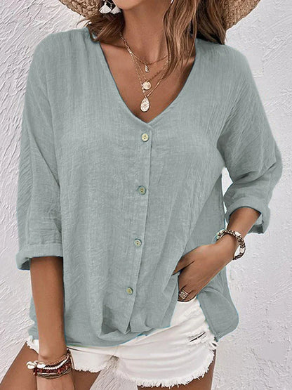 Levoire | Chemise En Lin Bleu À Col En V Gris