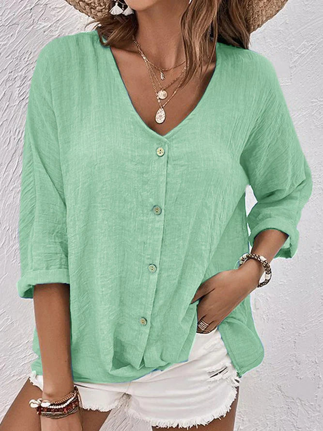 Levoire | Chemise En Lin Bleu À Décolleté En V Vert