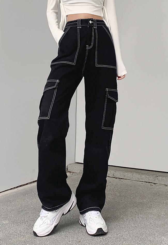 Levoire | Pantalon Cargo Taille Haute Brodé De Sacs Noir