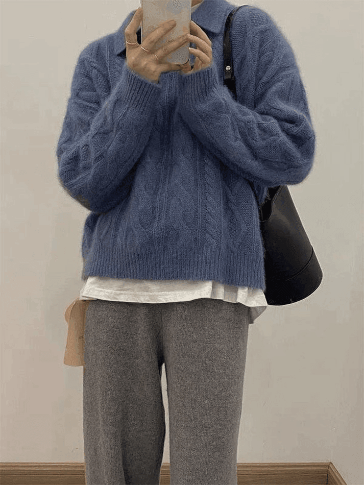 Levoire | Pull À Col Polo En Tricot À Câbles Bleu Taille unique