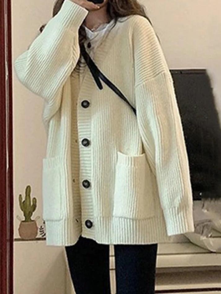 Levoire | Préppy Couleur Unie Décolleté Baggy Cardigan Beige UNE TAILLE