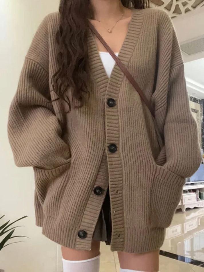 Levoire | Préppy Couleur Unie Décolleté Baggy Cardigan Braun UNE TAILLE