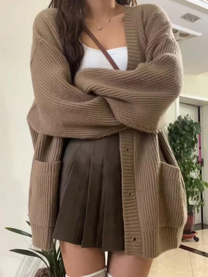 Levoire | Préppy Couleur Unie Décolleté Baggy Cardigan