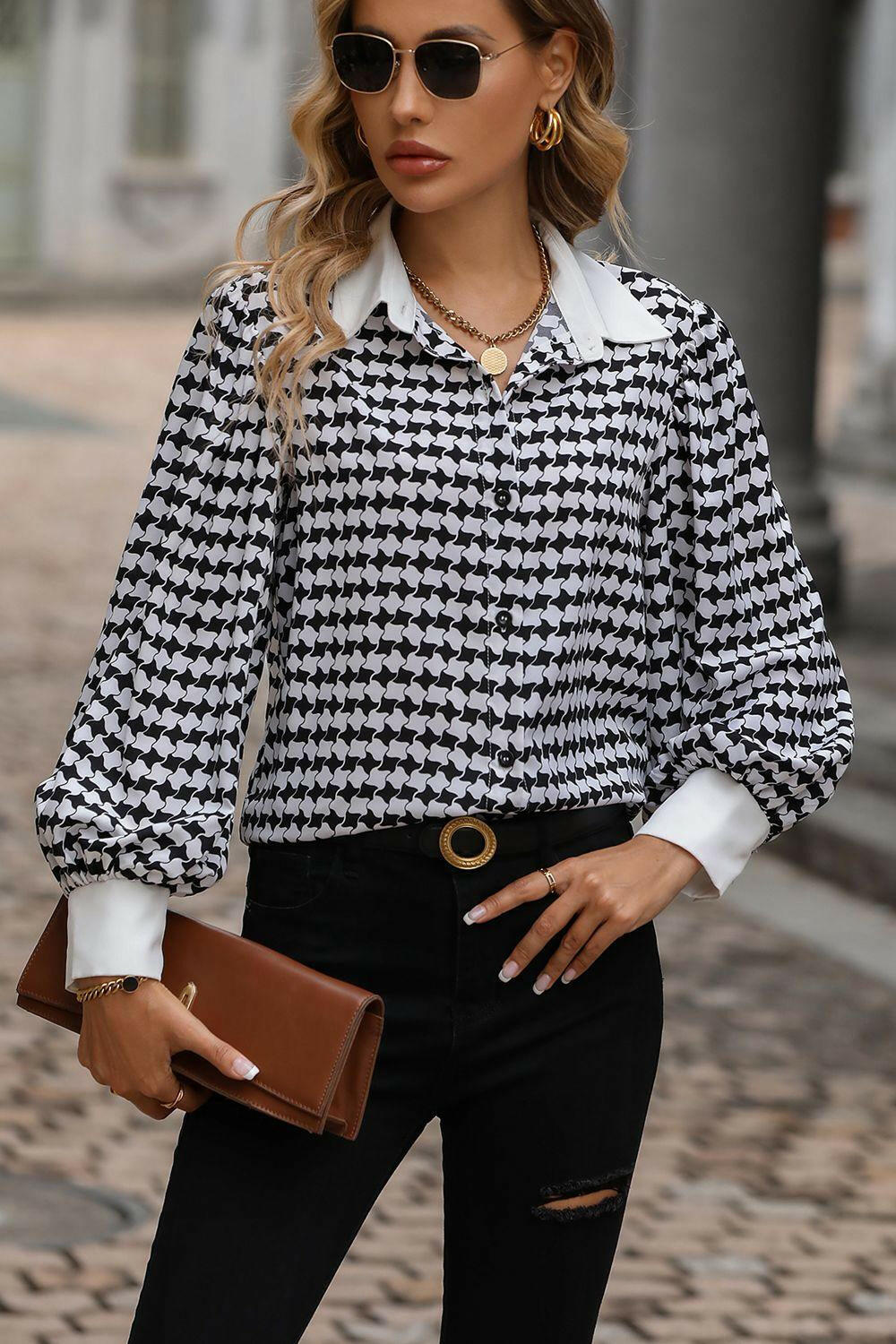 Levoire | Blouse À Col À Manches Lanternes Imprimées Vente Noir