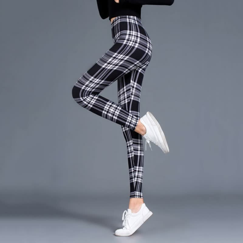 Levoire | Leggings De Fitness Avec Imprimé Écossais Amincissant Push-Up Pantalon Taille Élastique Noir Blanc Flanel Une taille