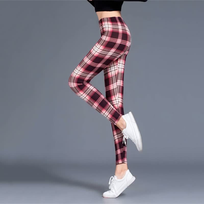 Levoire | Leggings De Fitness Avec Imprimé Écossais Amincissant Push-Up Pantalon Taille Élastique Rose Rouge Flanel Une taille