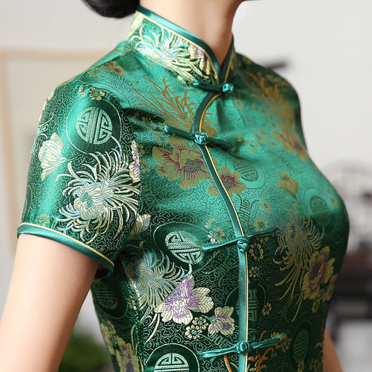Levoire | Robe Cheongsam En Rayon Vert Classique Chinois
