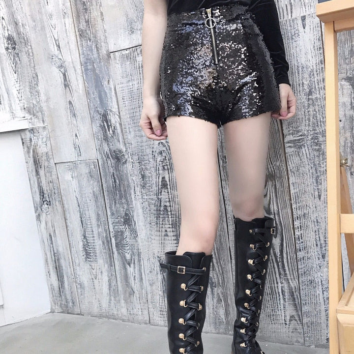 Levoire | Short En Sequins Taille Haute Fermeture Éclair Front Bodycon