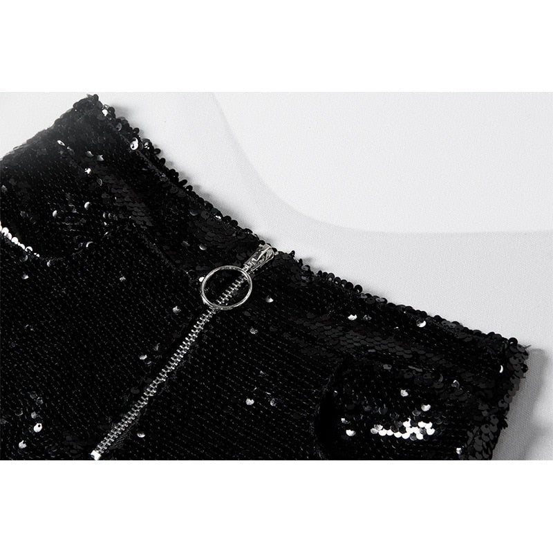 Levoire | Short En Sequins Taille Haute Fermeture Éclair Front Bodycon
