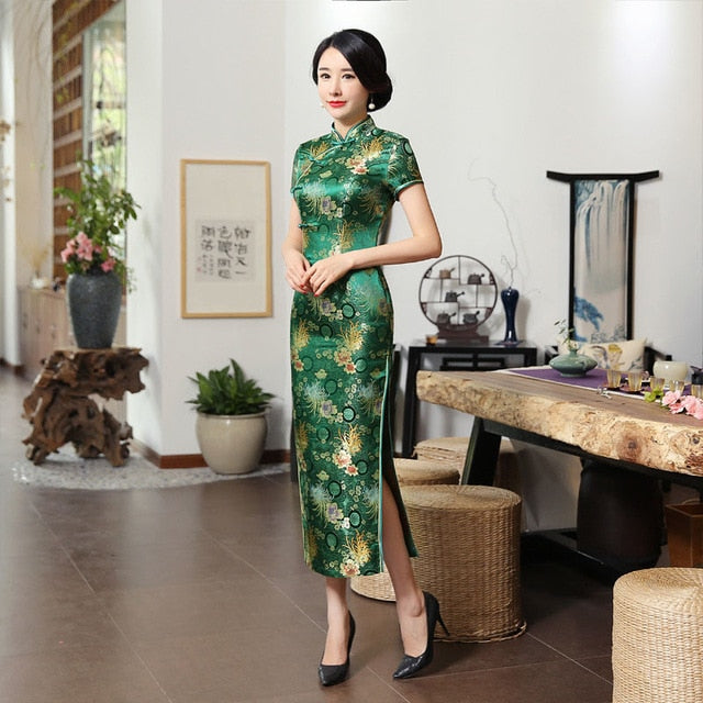 Levoire | Robe Cheongsam En Rayon Vert Classique Chinois Vert