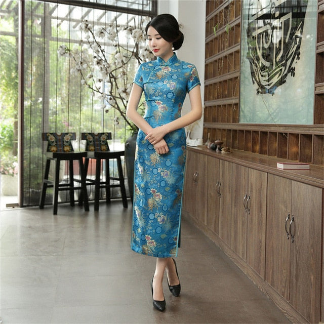 Levoire | Robe Cheongsam En Rayon Vert Classique Chinois Bleu