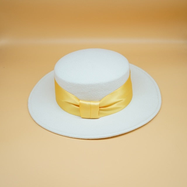 Levoire | Noeud Chapeau En Laine Blanc bord jaune 7cm