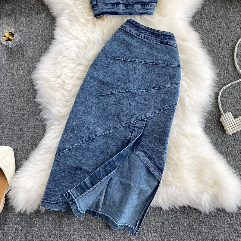 Levoire | Hauts À Bretelles Et Ensemble Jupe En Jean Pour Un Style Moderne Et Cool