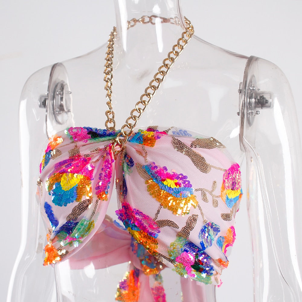 Levoire | Broderie Florale En Paillettes Rose Haut Court D'Été