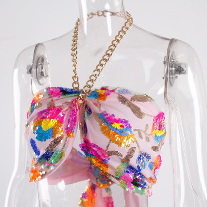 Levoire | Broderie Florale En Paillettes Rose Haut Court D'Été