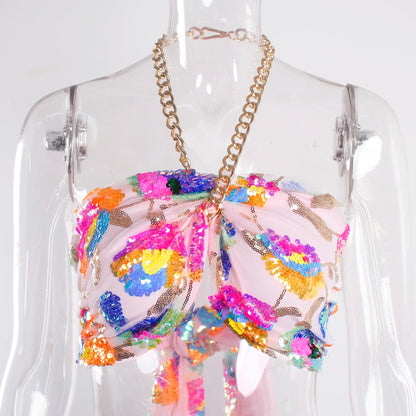 Levoire | Broderie Florale En Paillettes Rose Haut Court D'Été