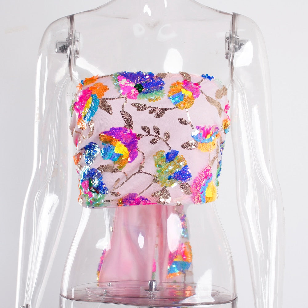 Levoire | Broderie Florale En Paillettes Rose Haut Court D'Été