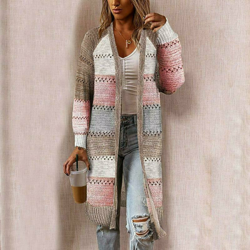 Levoire | Long Cardigan Rayé En Maille Pour Femme Kaki