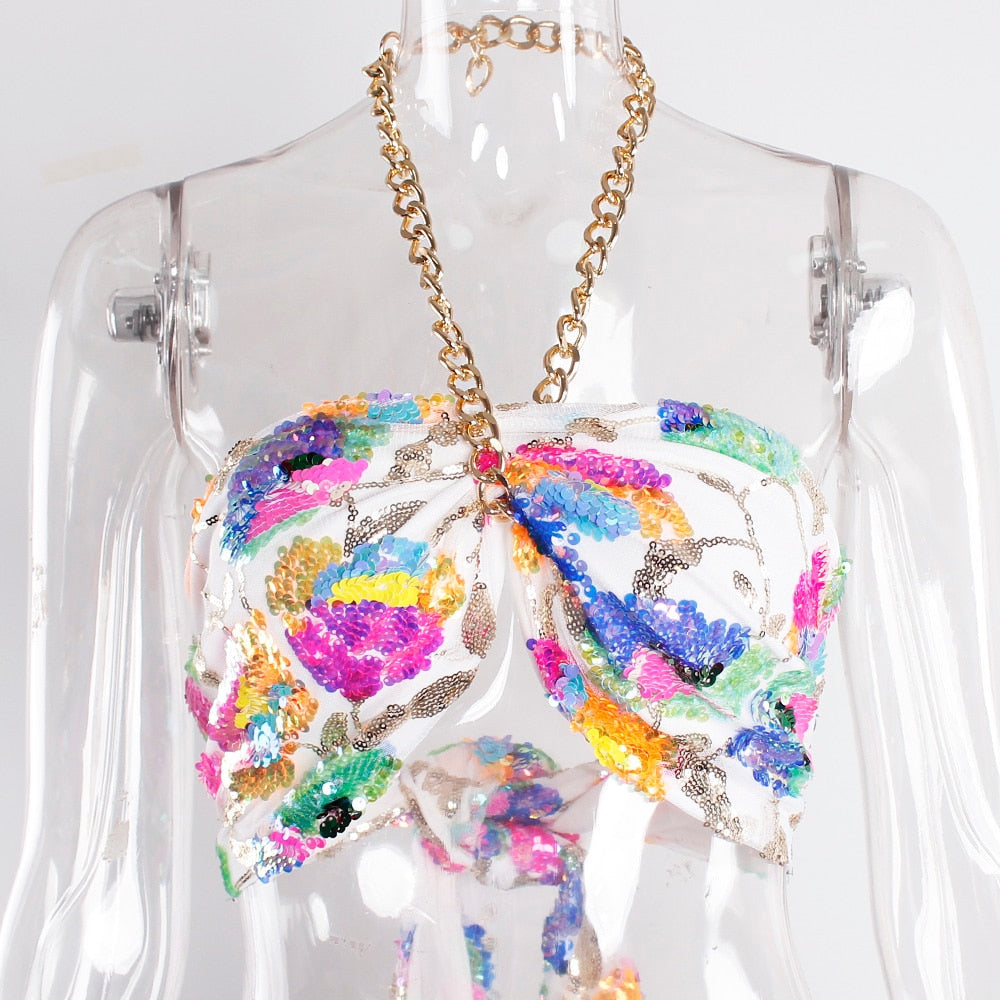 Levoire | Broderie Florale En Paillettes Rose Haut Court D'Été