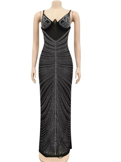Levoire | Robe Maxi Strass Transparente En Mesh noir