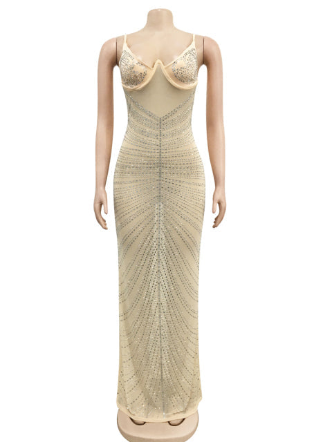 Levoire | Robe Maxi Strass Transparente En Mesh Abricot