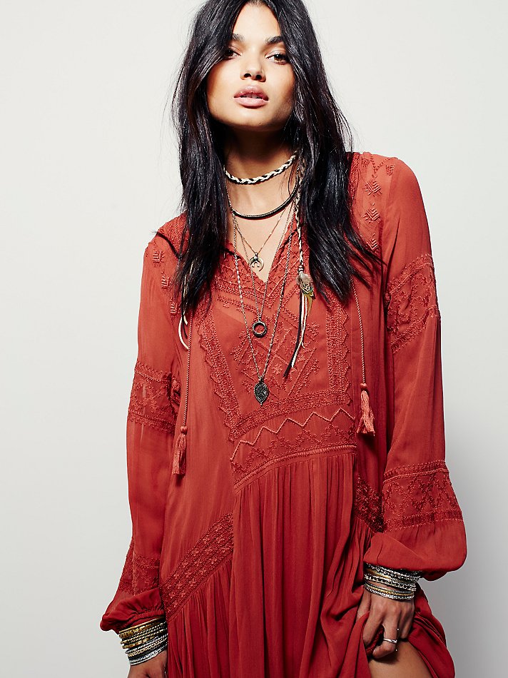 Levoire | Vintage Long Sleeve Embroidered Orange Red Maxi Dress