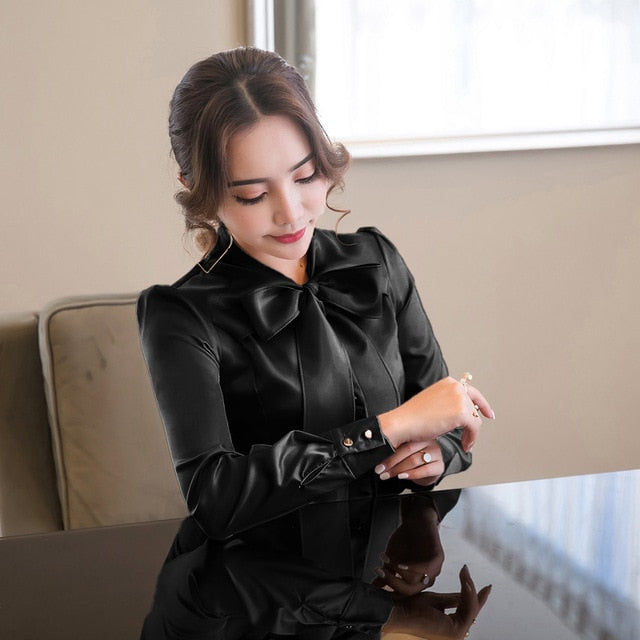 Levoire | Manches Longues Col En V Nœud Satin Chemises Noir