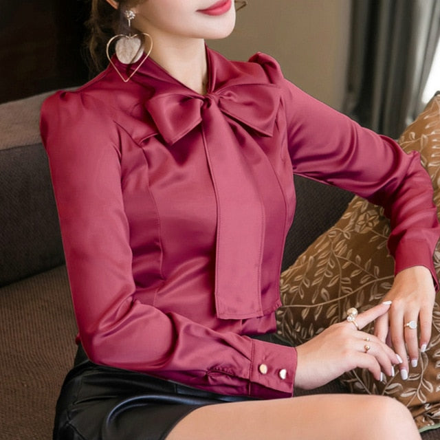 Levoire | Manches Longues Col En V Nœud Satin Chemises Bordeaux