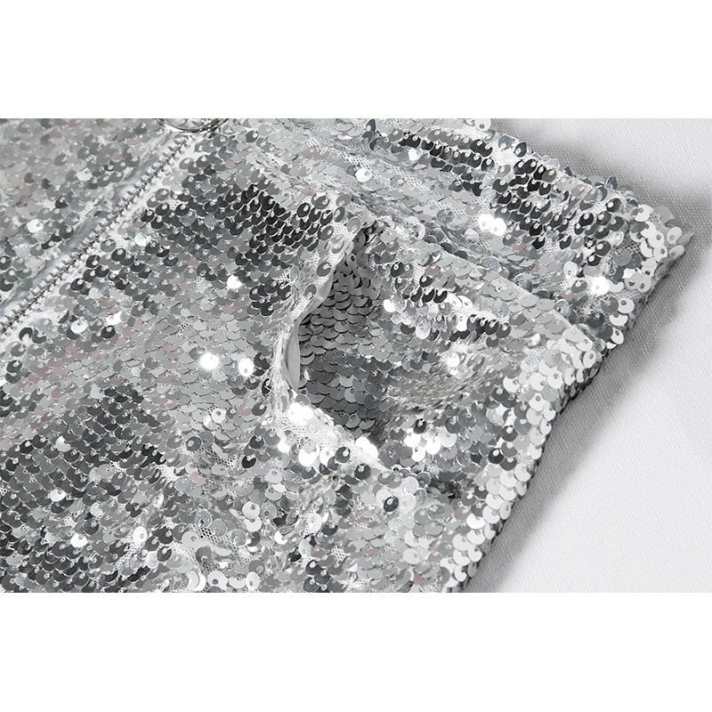 Levoire | Short En Sequins Taille Haute Fermeture Éclair Front Bodycon