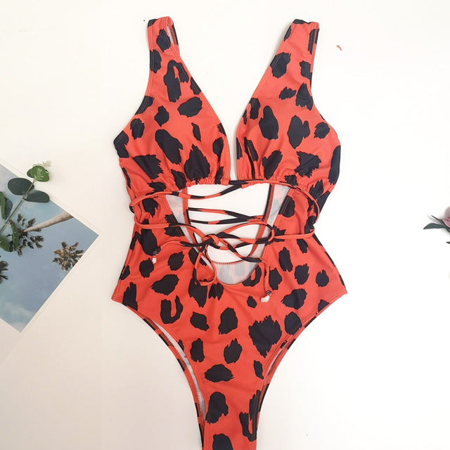 Levoire | Roter Léopard Monokini Maillot De Bain Bandage Sexy Bikini Pushup rose orange