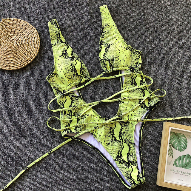 Levoire | Roter Léopard Monokini Maillot De Bain Bandage Sexy Bikini Pushup Citron vert