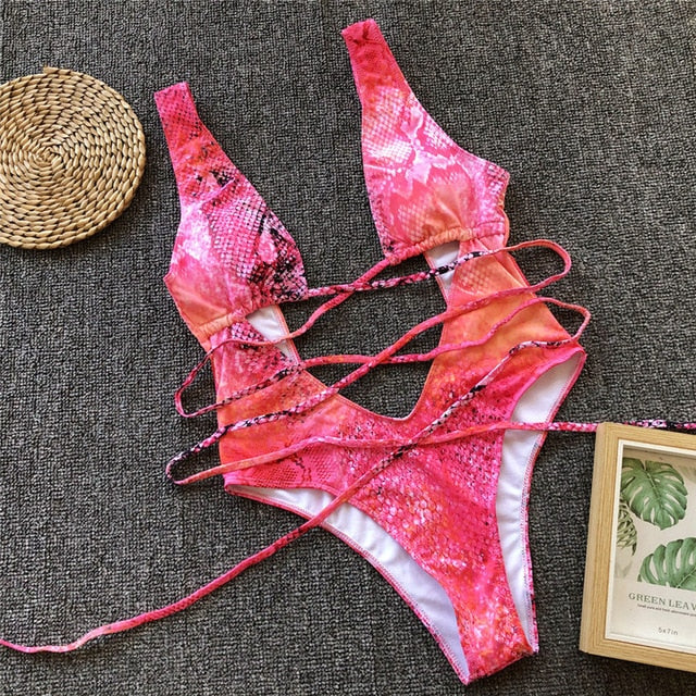 Levoire | Roter Léopard Monokini Maillot De Bain Bandage Sexy Bikini Pushup rose