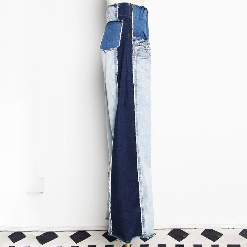 Levoire | Pantalon En Denim Patchwork Décontracté Taille Haute Couleur Tendance