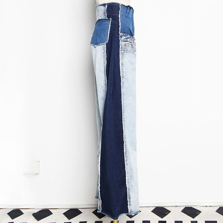 Levoire | Pantalon En Denim Patchwork Décontracté Taille Haute Couleur Tendance