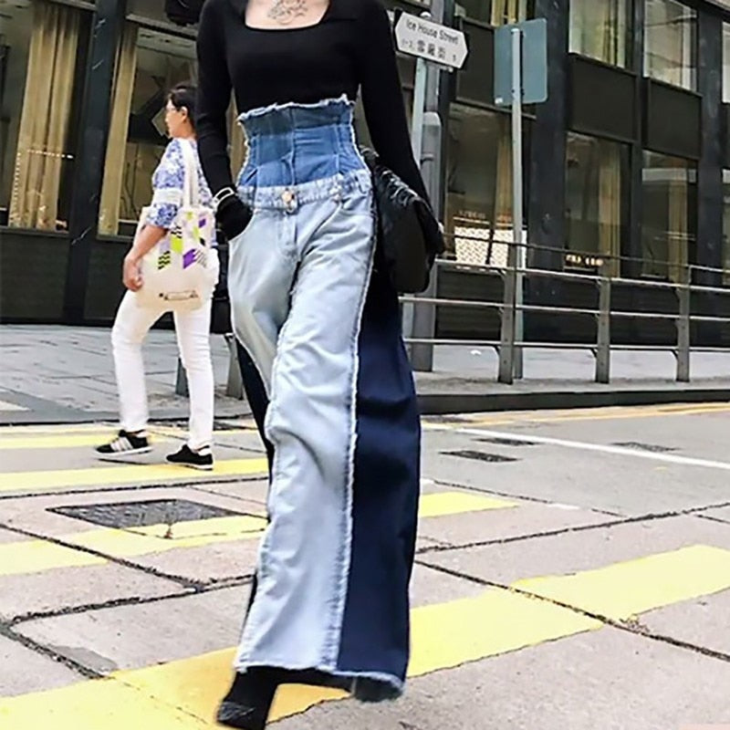 Levoire | Pantalon En Denim Patchwork Décontracté Taille Haute Couleur Tendance