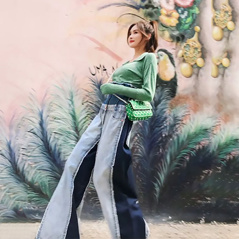 Levoire | Pantalon En Denim Patchwork Décontracté Taille Haute Couleur Tendance