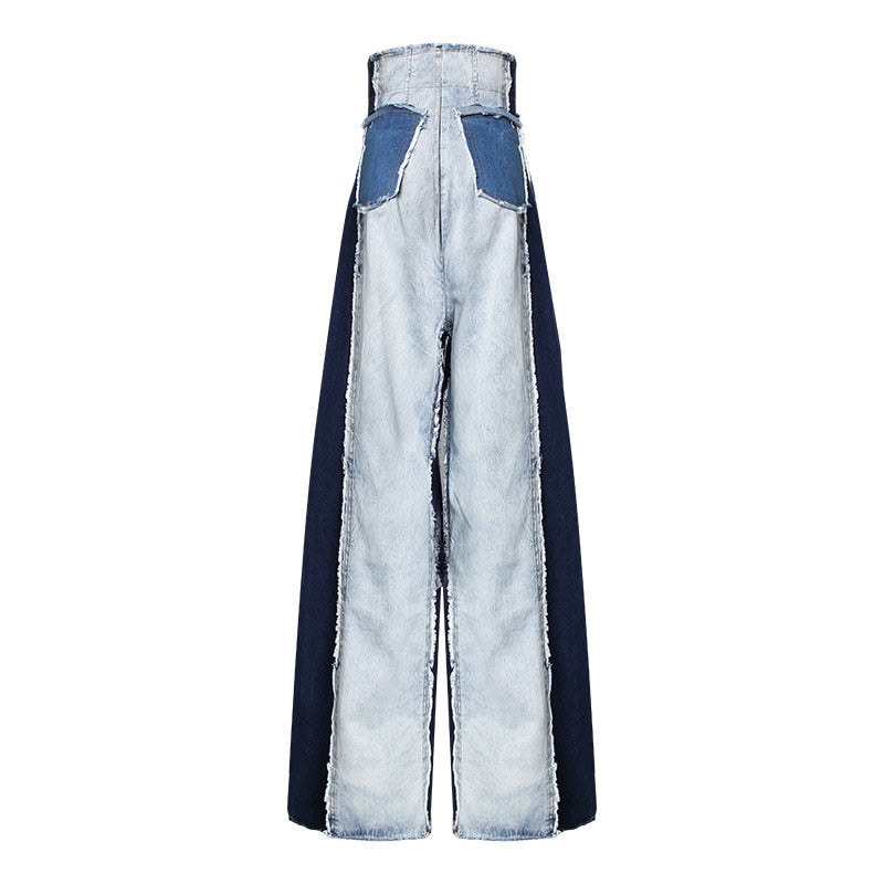 Levoire | Pantalon En Denim Patchwork Décontracté Taille Haute Couleur Tendance