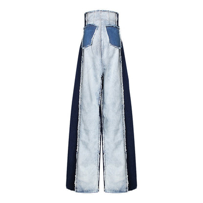 Levoire | Pantalon En Denim Patchwork Décontracté Taille Haute Couleur Tendance